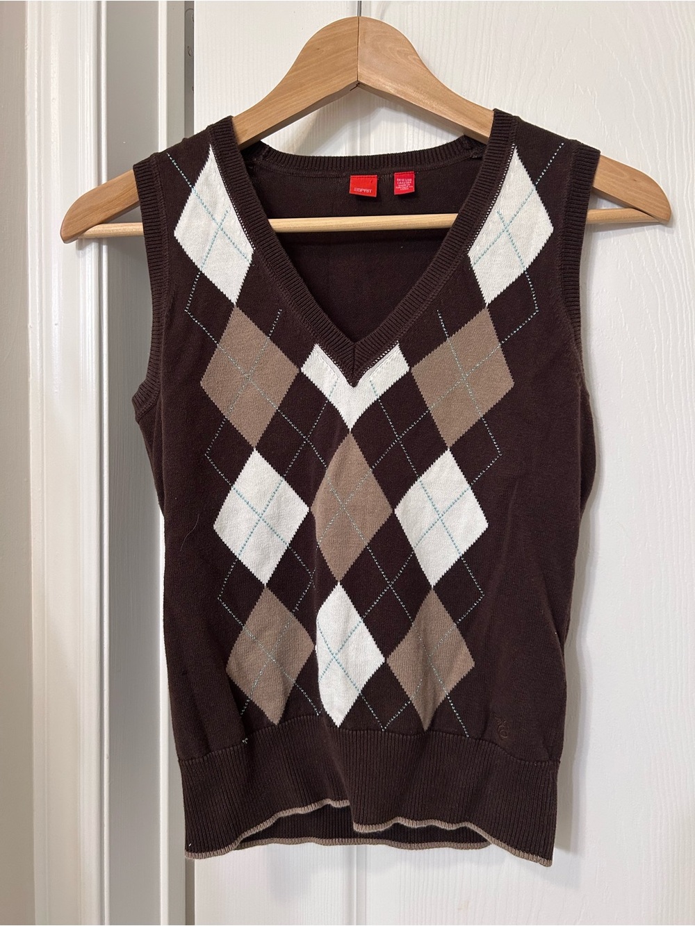 Espirit Women’s Vintage Sweater Vest - Brown Argyle